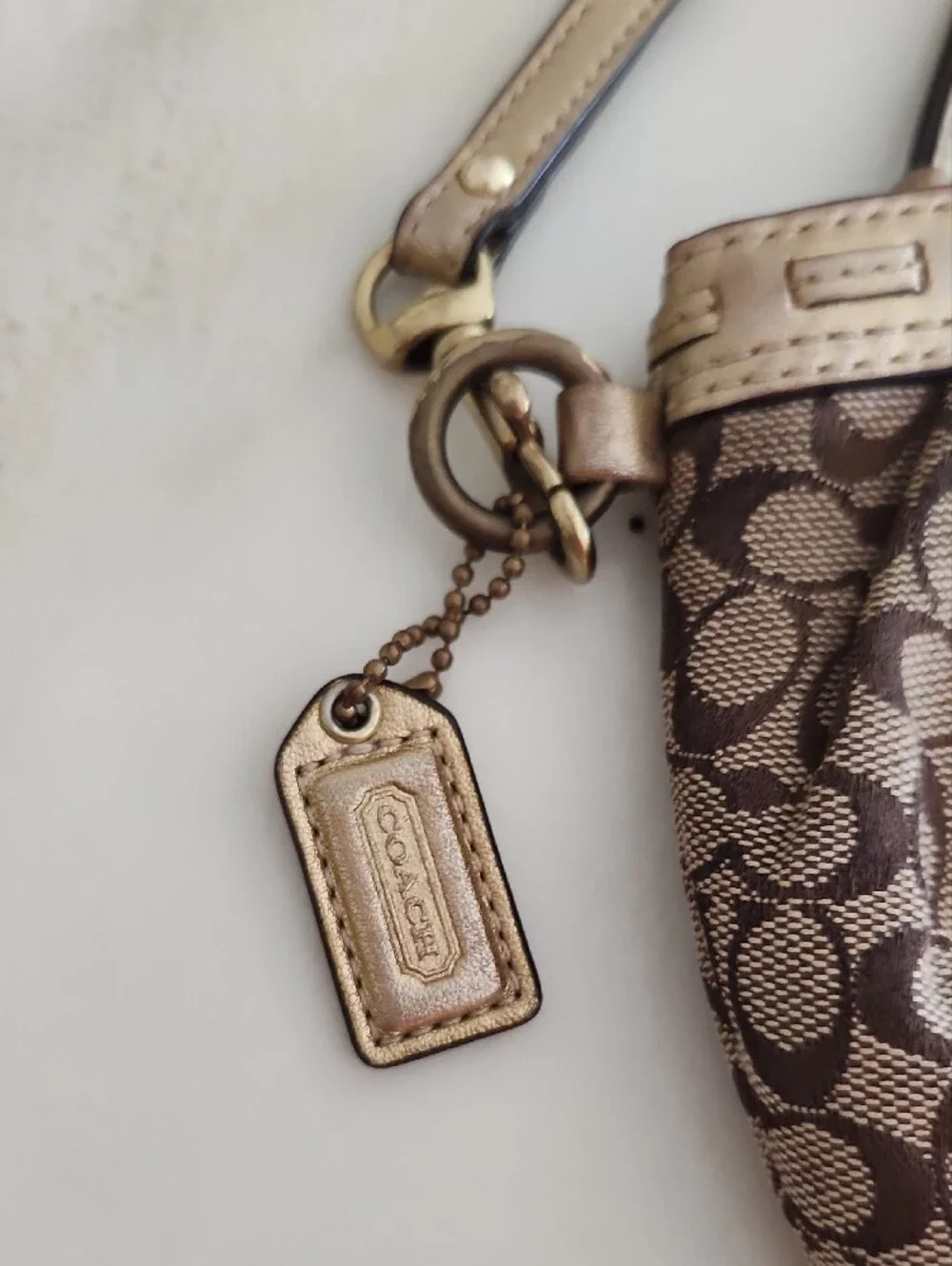 Coach Brown Signature Logo Wristlet with Metallic Trim